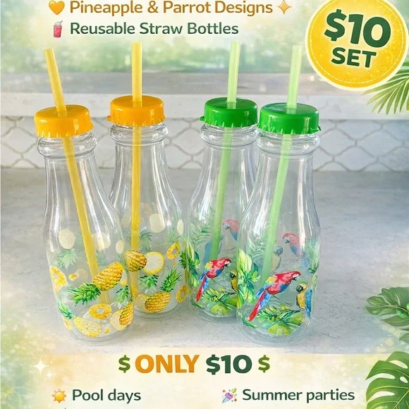 Pineapple & Parrot Reusable Straw Bottles Set - Picture 2 of 5